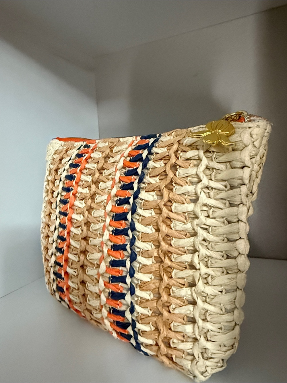 Woven Straw Zip Top Pouch in Natural with Orange & Navy - Picture 2 of 4